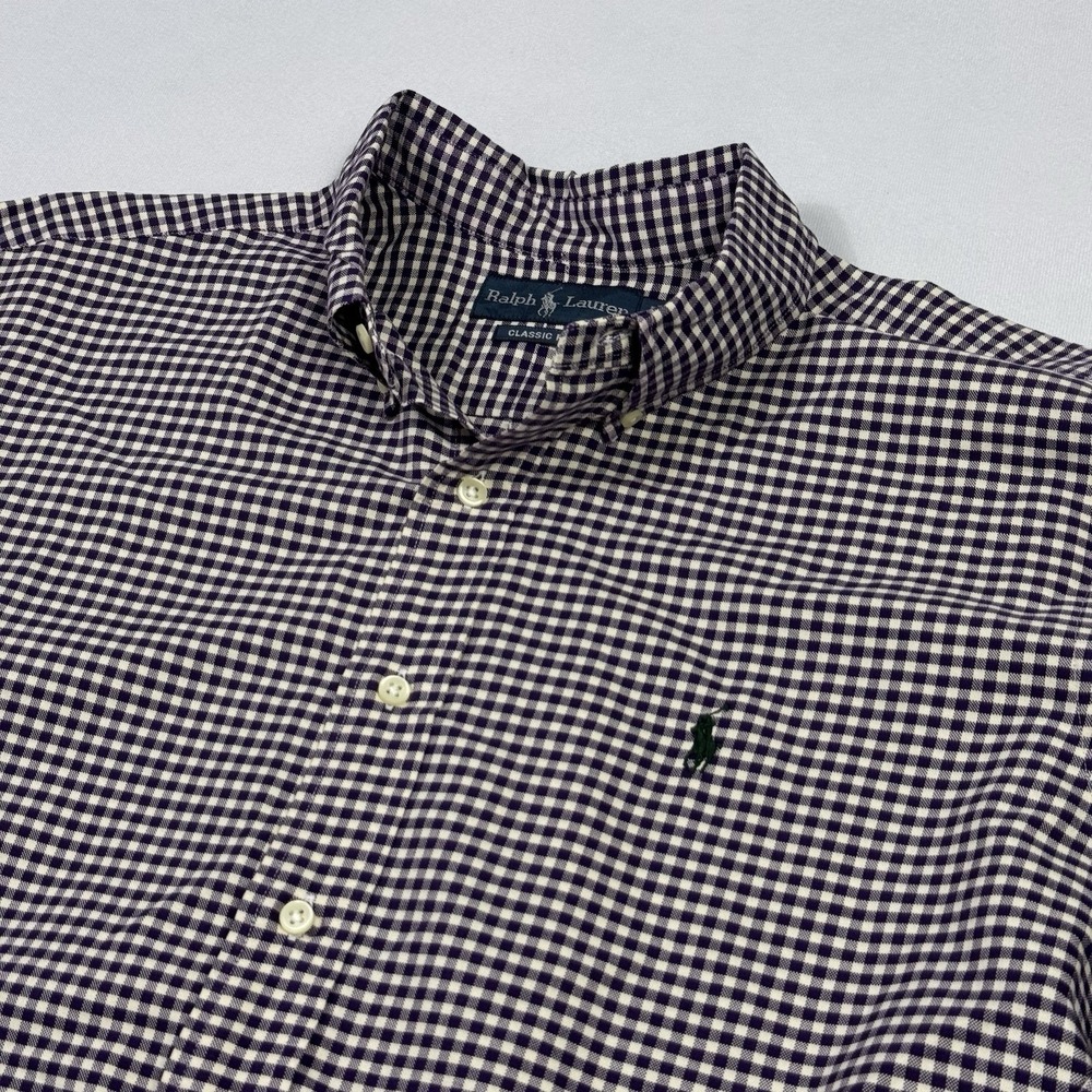 Ralph Lauren‎ Men's Button-Down Shirt Check Plaid Long Sleeve Purple White Large